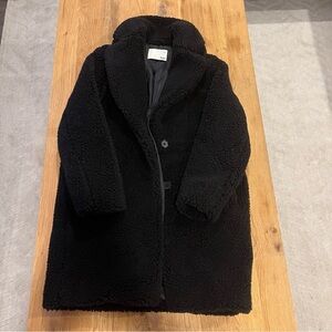 Black teddy cocoon coat buttons hip length